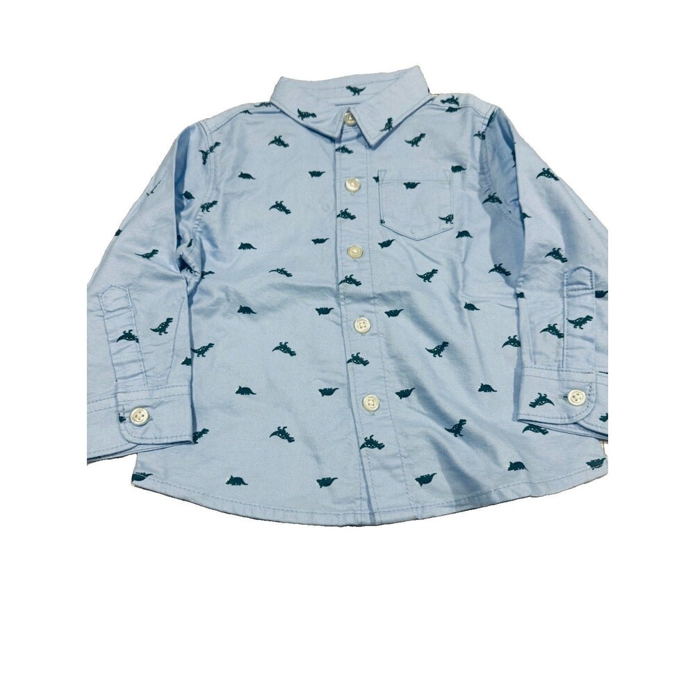 Boys Long Sleeve Woven Dress Shirt Dinosaurs Blue 100% Cotton Size 12M